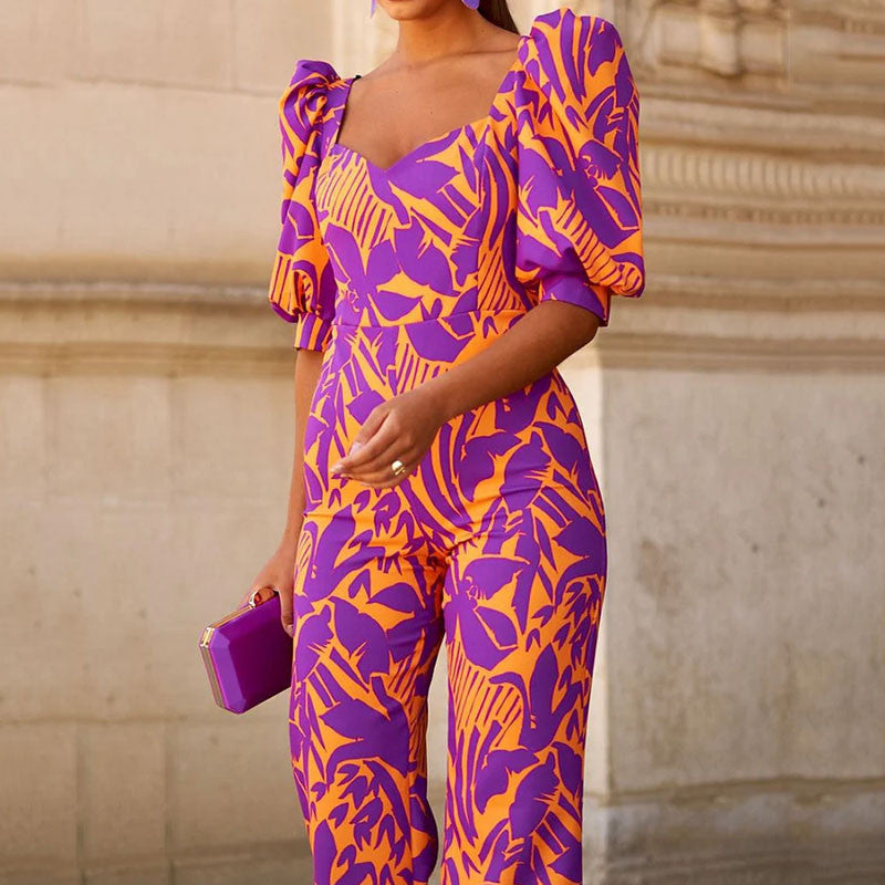 Printed V-neck Lantern Sleeve Jumpsuit