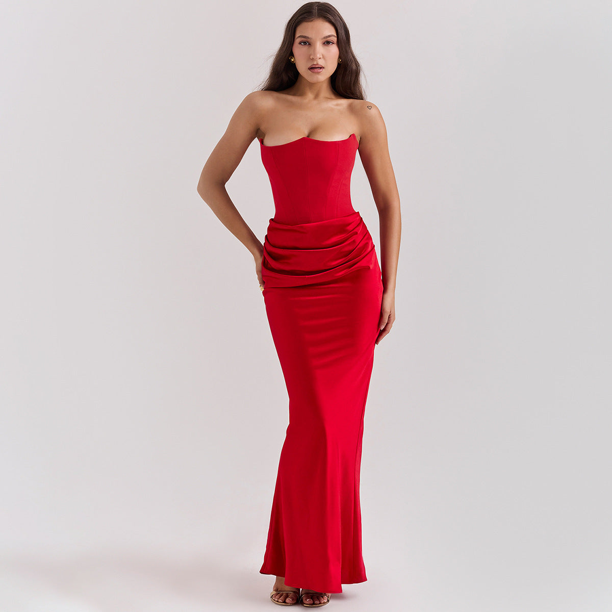 Fishbone Bandeau Slim-fit Backless Velvet Evening Gown