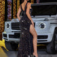 High Slit Sequined Evening Dress Without Back