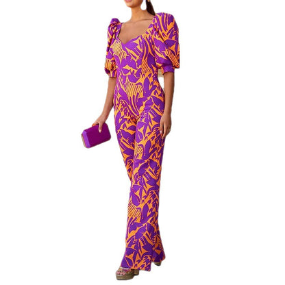 Printed V-neck Lantern Sleeve Jumpsuit