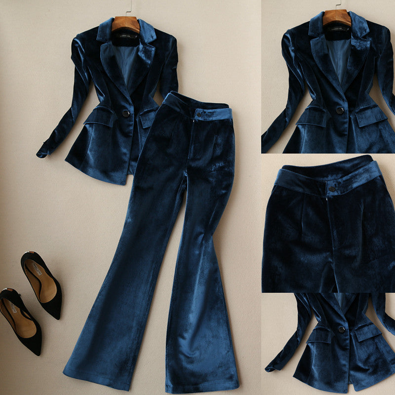 Slim-fit Long-sleeved Suit Jacket & High-waist Micro-flap Trousers Two-piece Set