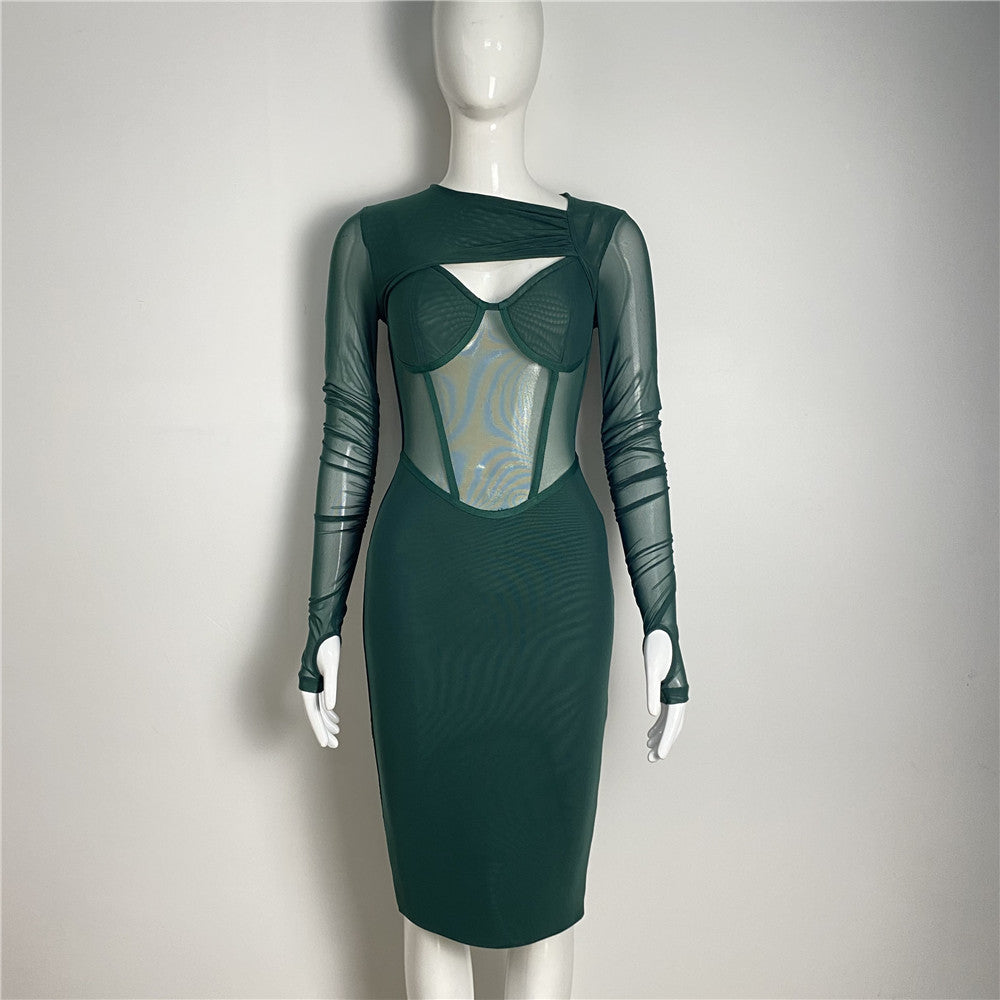 Bandage Mesh Long Sleeve Dress Stepper