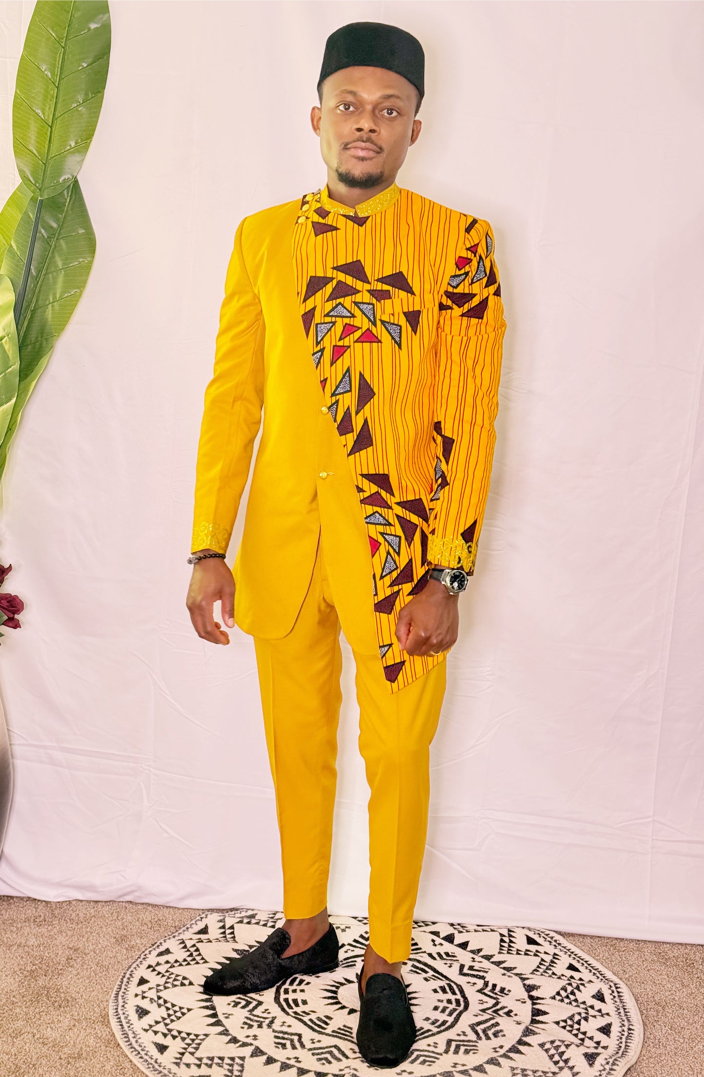 Telu African Asymmetry Suit for Men Embroidery Blazer and Pant Set with Hat