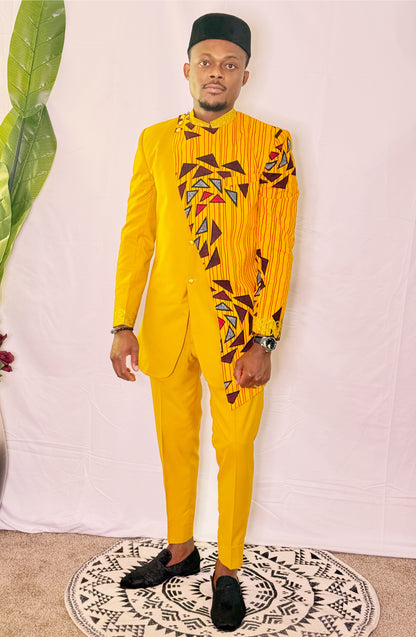 Telu African Asymmetry Suit for Men Embroidery Blazer and Pant Set with Hat