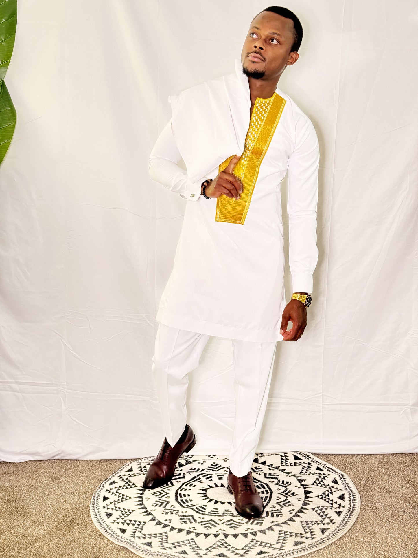 African Styled Solid White Embroidery 3-Piece Set for Men