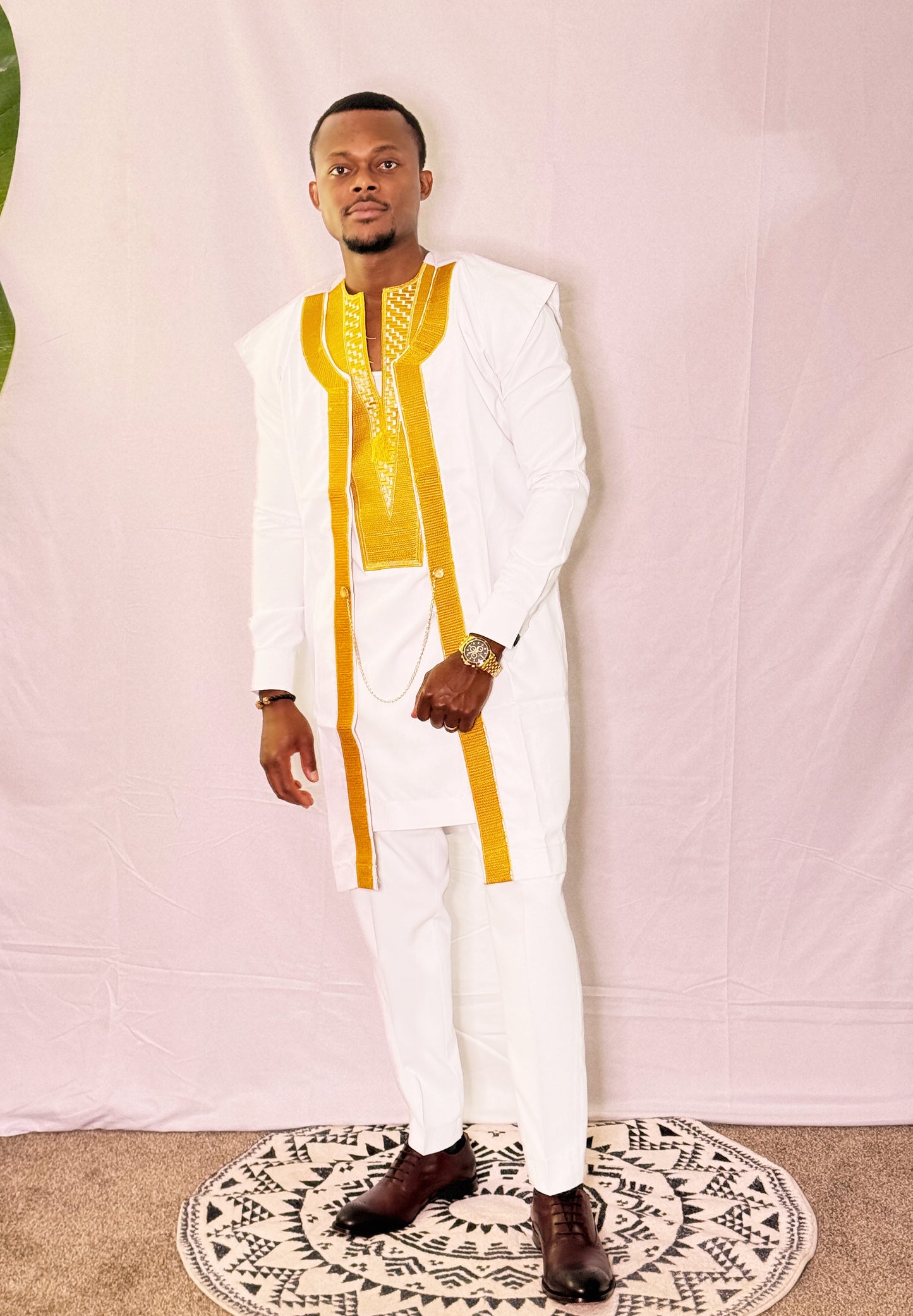 African Styled Solid White Embroidery 3-Piece Set for Men