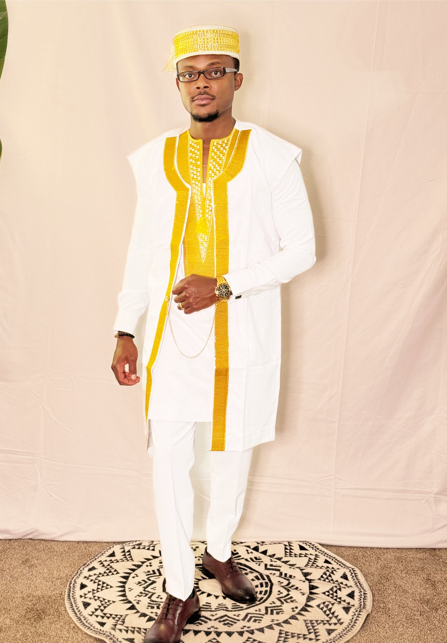 African Styled Solid White Embroidery 3-Piece Set for Men