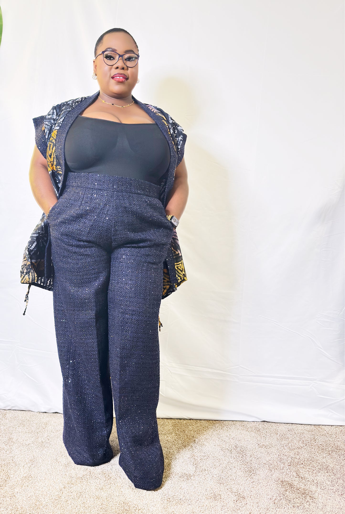 Plus Size Wide Leg Pant with Drawstring Mini Kimono 2-piece Set