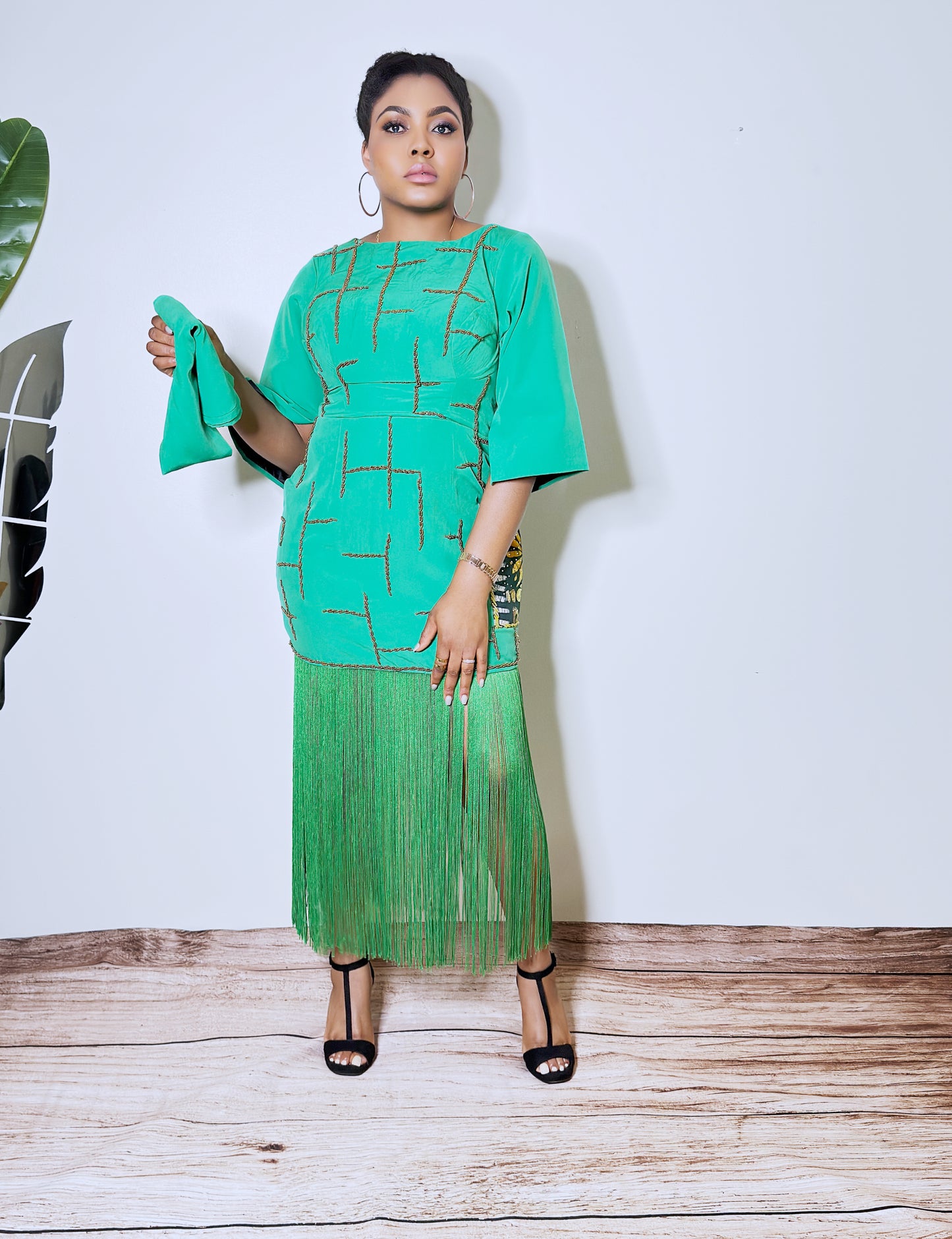 African Styled Beaded Straight, Inner-cut Sleeve with Patchwork Fringe Midi Dress with Side-pocket