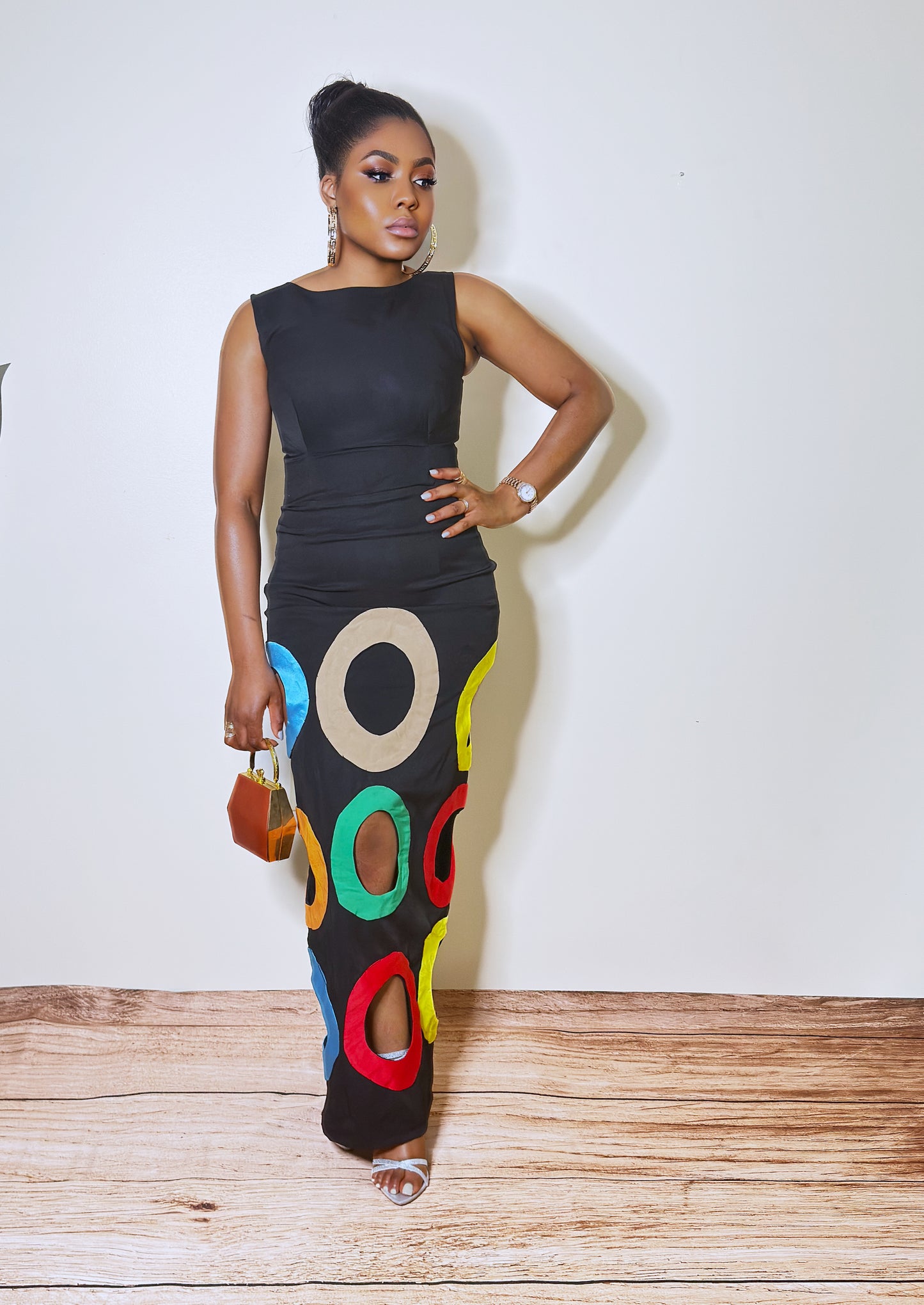 Fitted Strapped Back Multicolored Circle Styled Party Dress