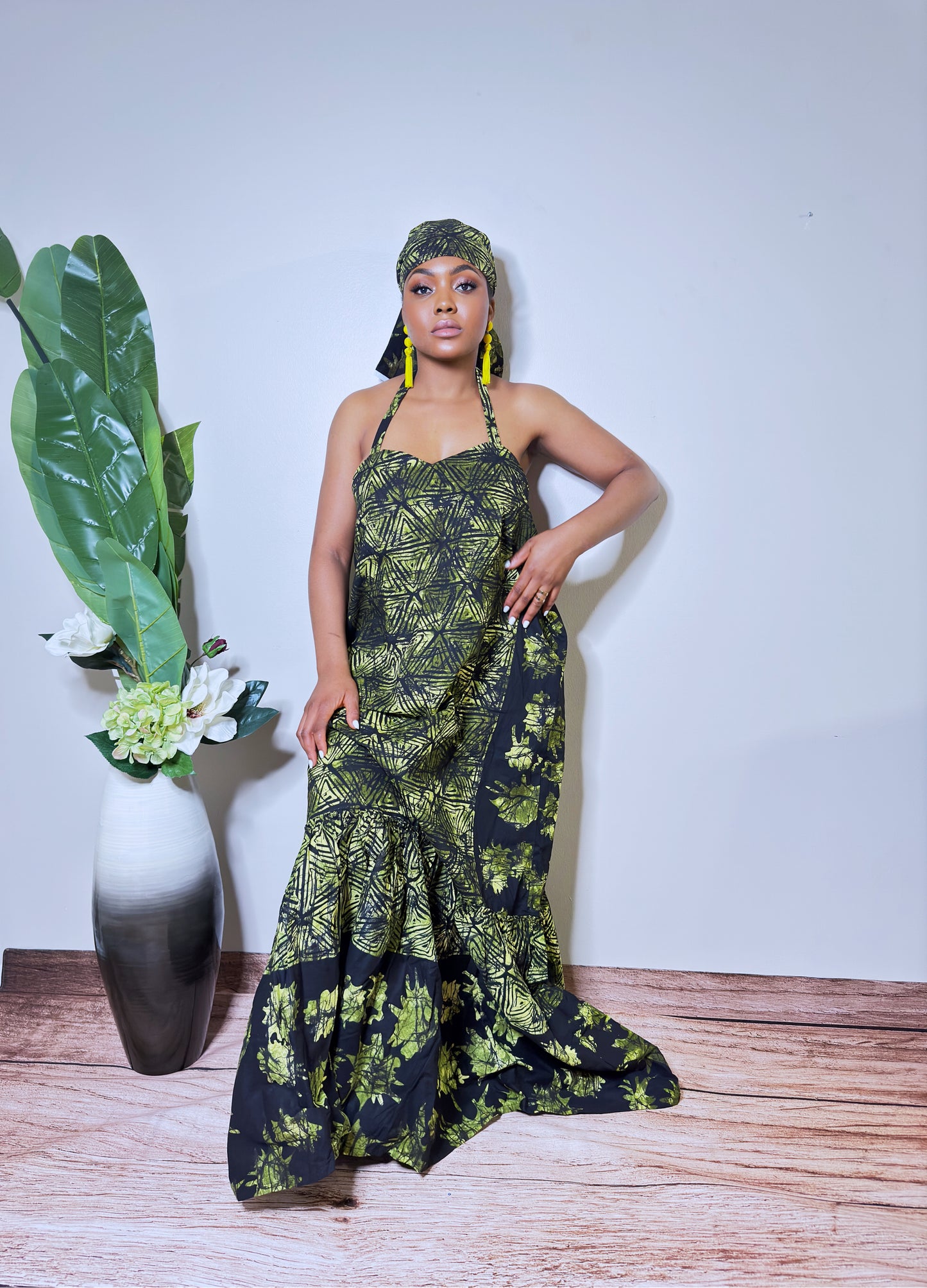 Multicolored Backless Floor Length Dress with Head Wrap