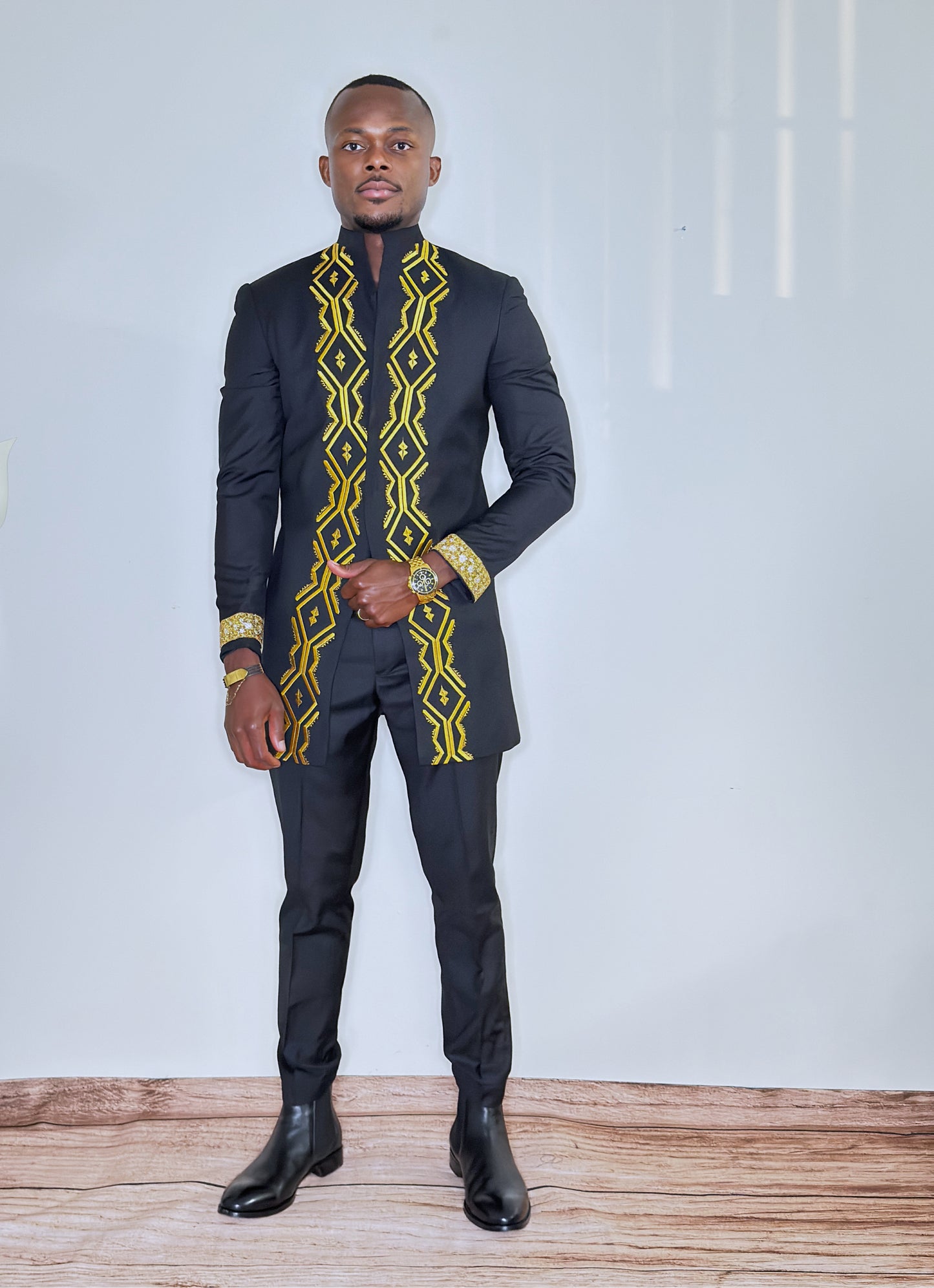 African Detailed 2-piece Gold Embroidery Suit Set with Beaded Sleeve