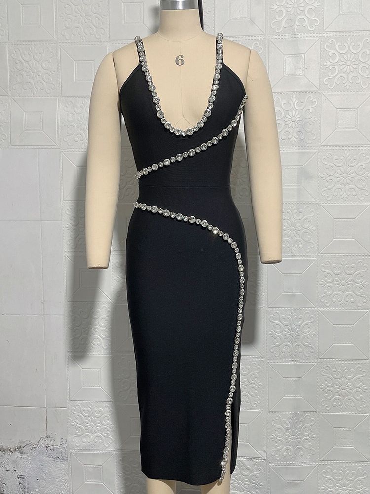 Rhinestone Strap Double Shoulder Bandage Dress