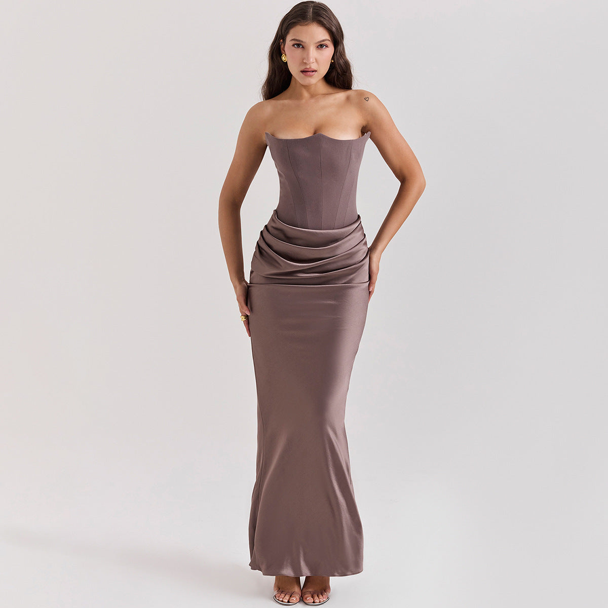 Fishbone Bandeau Slim-fit Backless Velvet Evening Gown