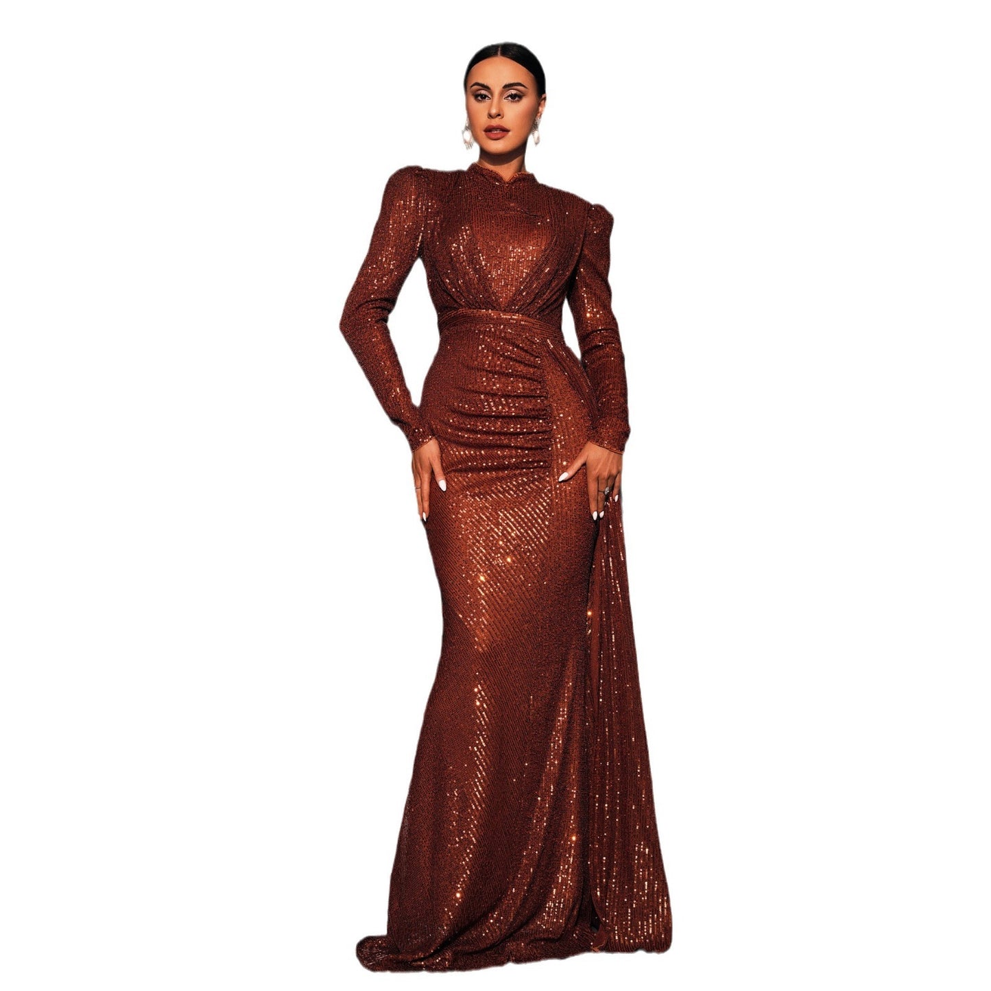 Long Sleeve Round Neck Sexy Slim Long Sequined Banquet Dress