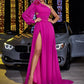 Flower Stitching One-shoulder Long Sleeve Big Hem Tassel Evening Dress