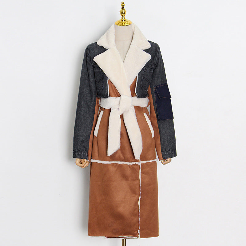 Nipped-waist Long Denim-paneled Lambskin Coat