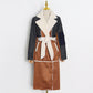 Nipped-waist Long Denim-paneled Lambskin Coat