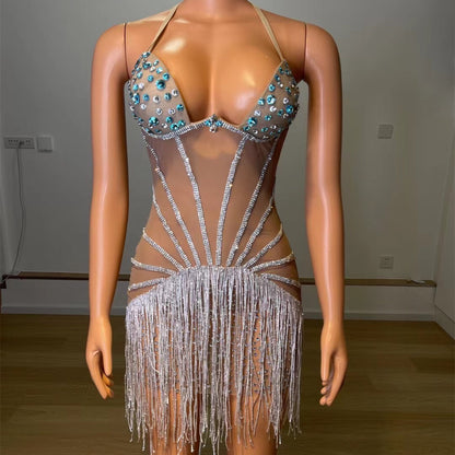 Full Diamonds Tassels See-through Mesh Dress