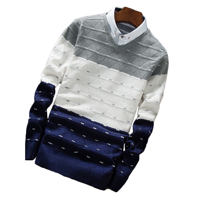 Men's Knitted Sweater - Fake Two-piece Shirt Collar Sweater