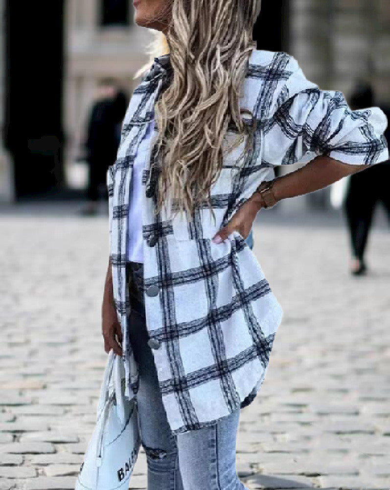 Spring Print Plaid Shirt Jacket - Women's Casual