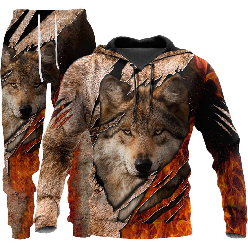 3D Wolf Print Tracksuit Hooded Two Piece Set