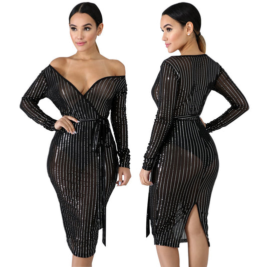 Deep V dress with screen punch - see through