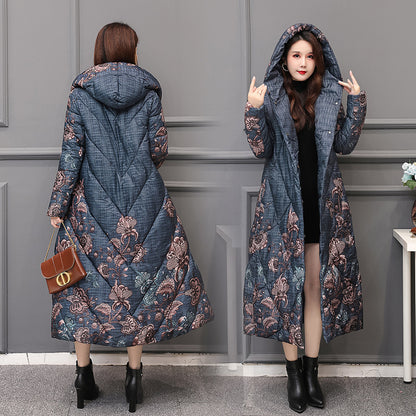 Classy Long Hooded Printed Padded Jacket