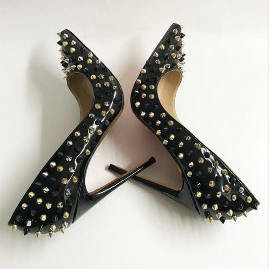 Black Patent Leather Rivet High Heels Female Pointed Stiletto