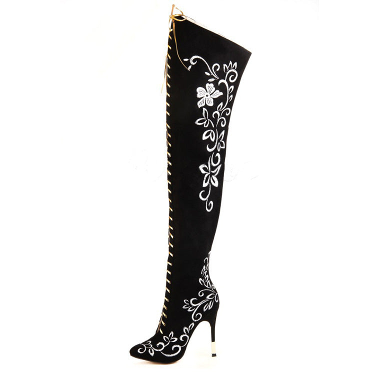 Elegant Embroidered Over The Knee Zip-up Stiletto Heel