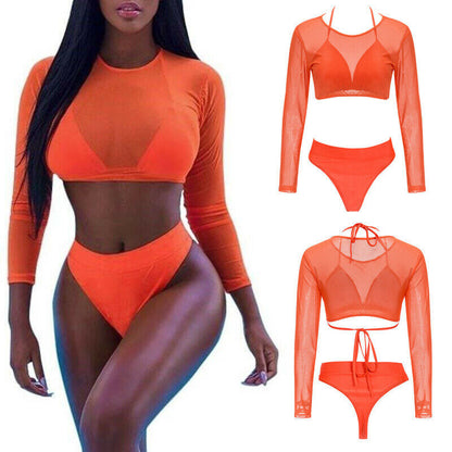 Long Sleeve Mesh Bikini Three Piece Set