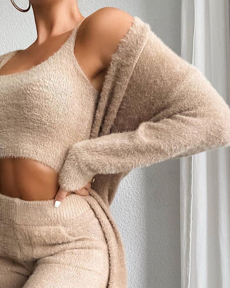 Fluffy Crop Top & Skinny Pants & Longline Warm Cozy Sets