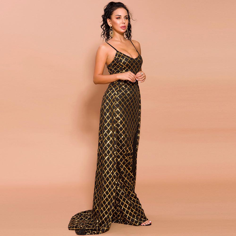 Strapless plaid sequined evening dress