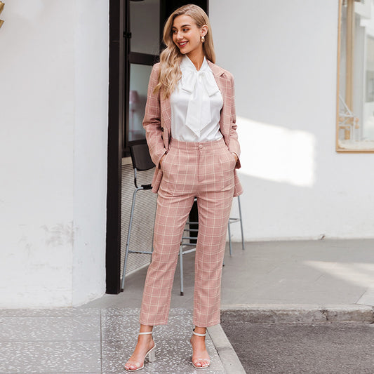 Two-piece plaid nine-point pants slim suit women