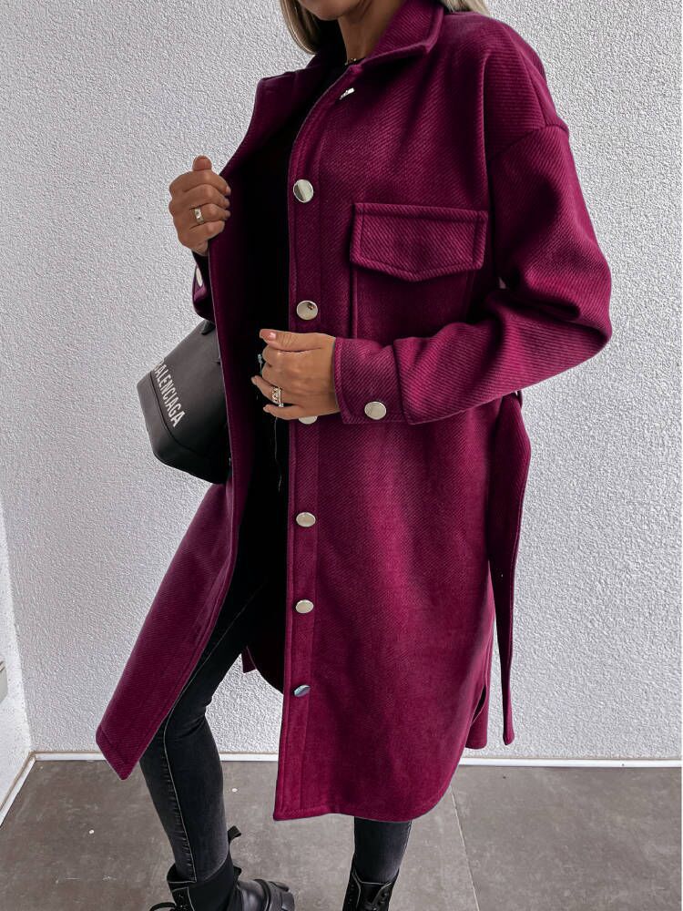 Solid Color Long Sleeve Woolen Coat