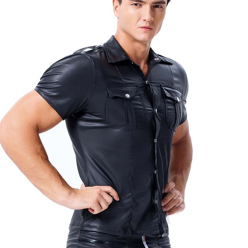 Men's Leather Skinny Short-sleeved Shirt