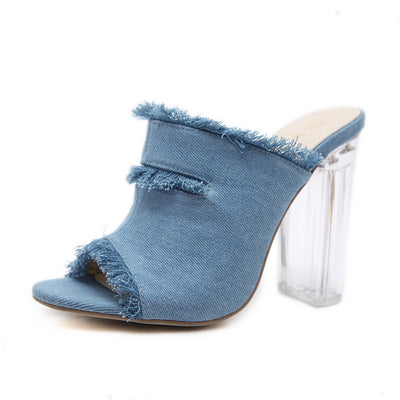 Jeans fish mouth sandals - crystal heels.