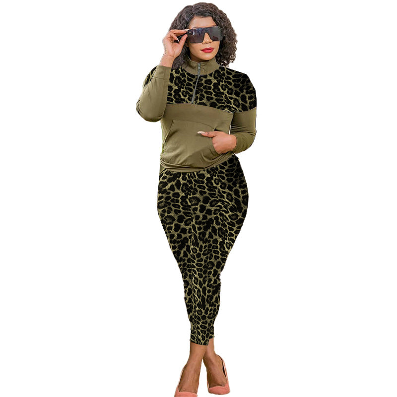 Leopard Print Spliced Sports Casual Pants Two-piece Set