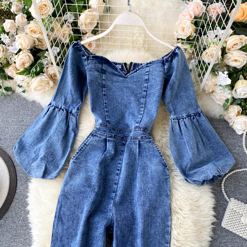 Sexy One-Line Neck Puff Sleeve Jumpsuit