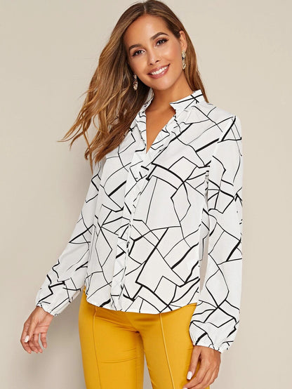 Ladies Notched Neck Print Long-sleeved Simple Style Top