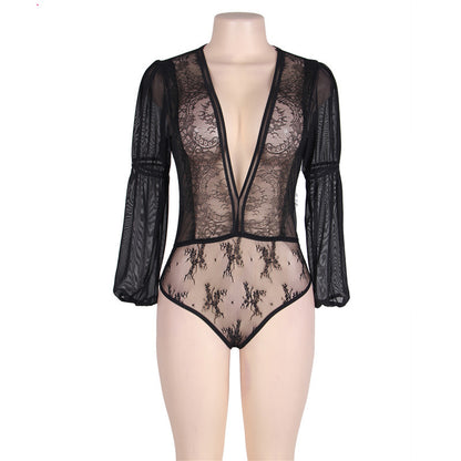 Sexy Lace Long Sleeve See-Through One-Piece Lingerie