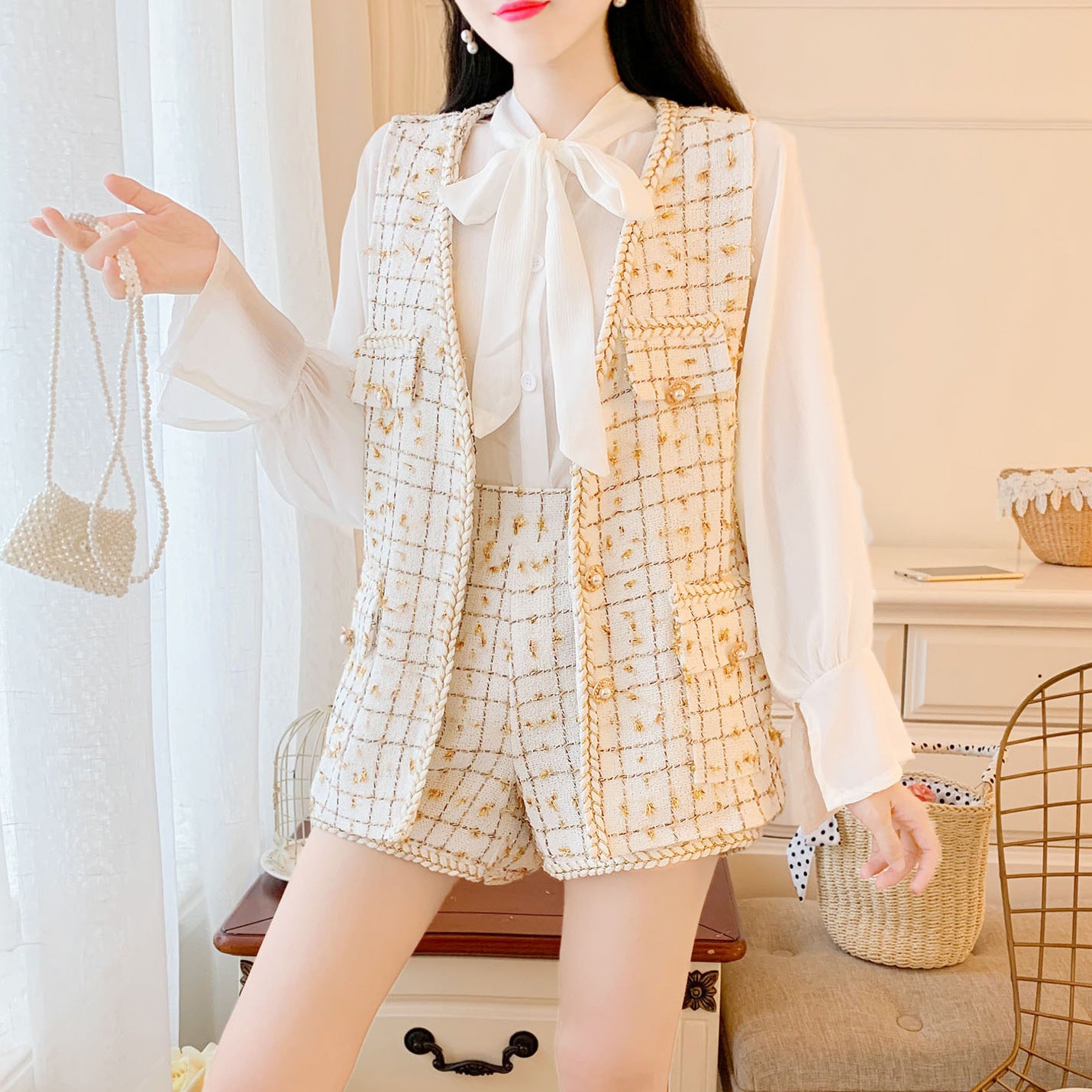 Little Fragrance Chiffon Shirt Shorts Three-Piece Suit