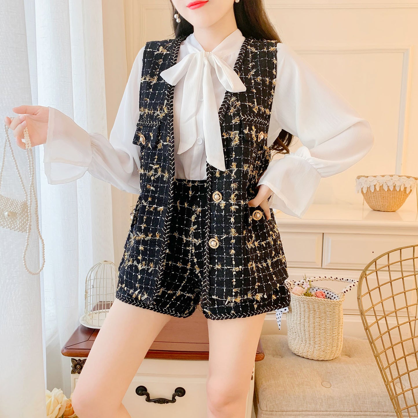 Little Fragrance Chiffon Shirt Shorts Three-Piece Suit