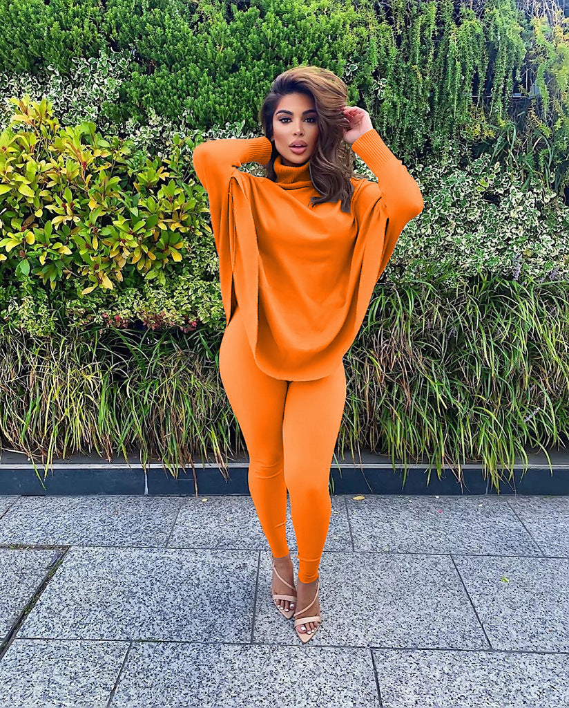 Casual Solid Color Bat-sleeve Split Top Trousers Two-piece Suit