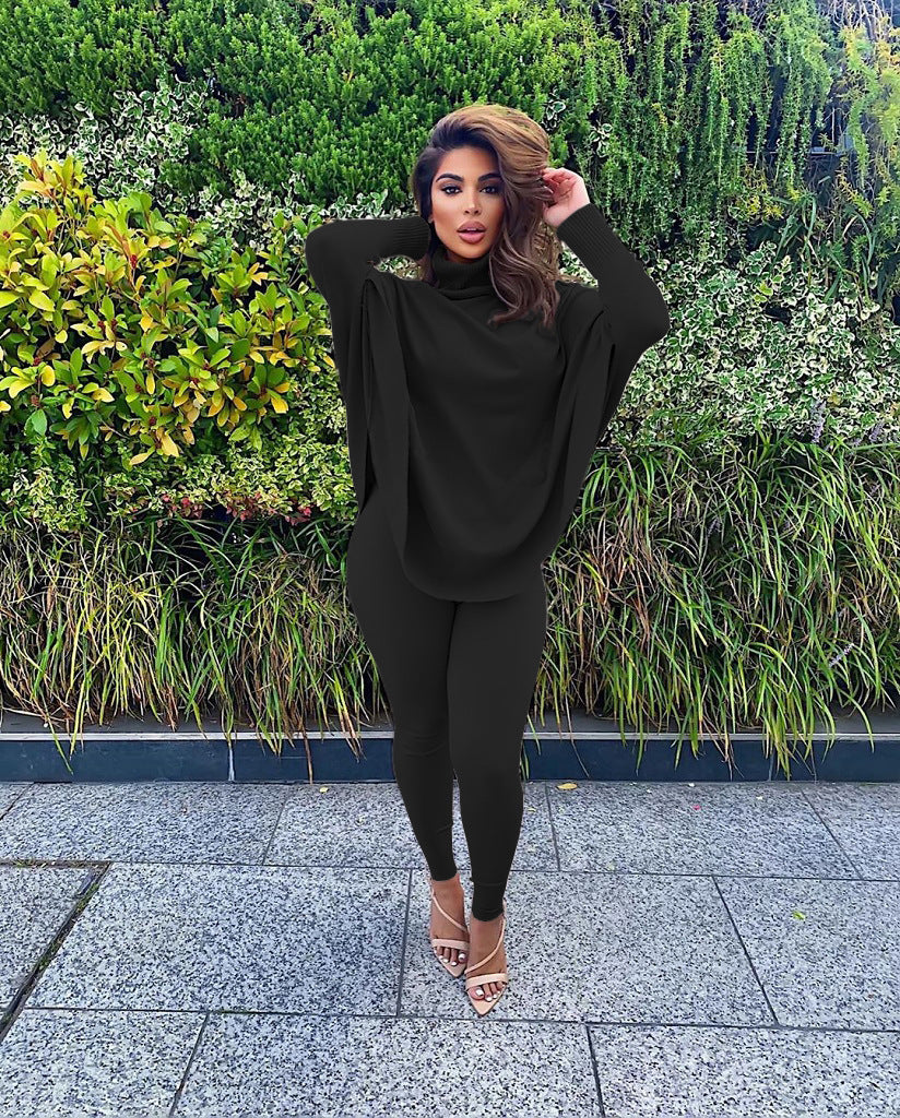 Casual Solid Color Bat-sleeve Split Top Trousers Two-piece Suit