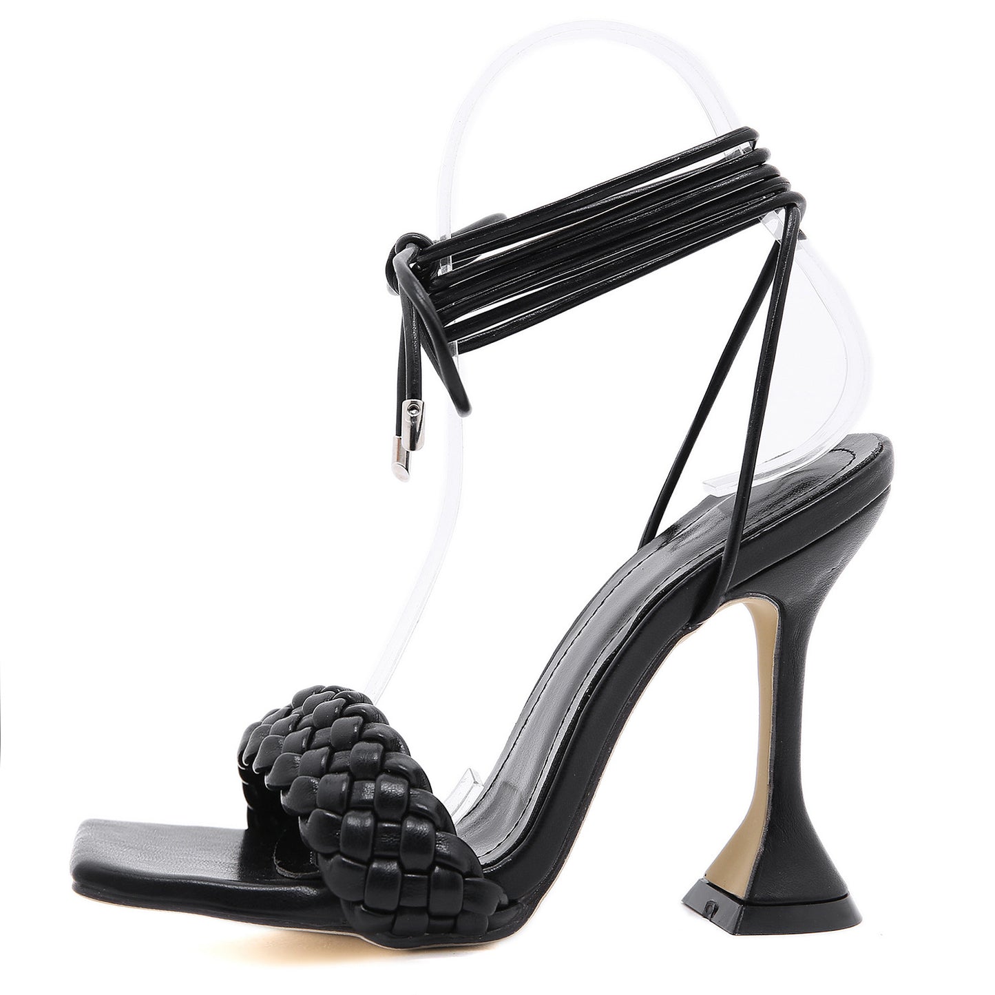 Braided Roman Strap High Heels Square Toe Wine Glass Heel Sandals