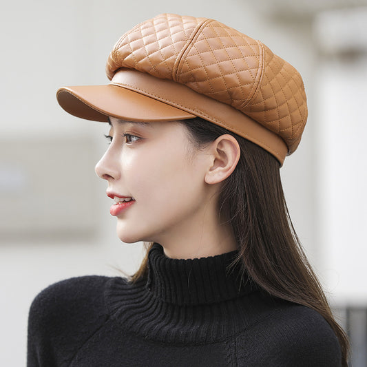 Leather Octagonal Hat Women Solid Color Beret