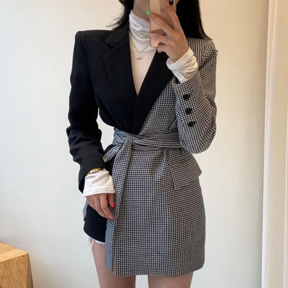 Retro Lapel Lattice Splicing Design Feels Irregular Band Waist Thin Suit