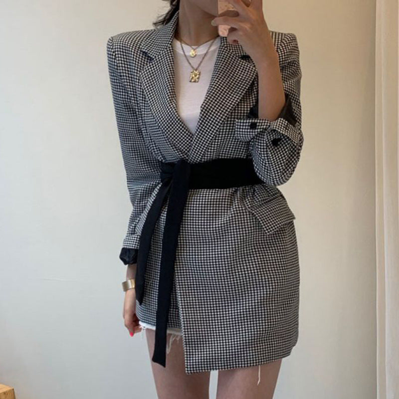 Retro Lapel Lattice Splicing Design Feels Irregular Band Waist Thin Suit