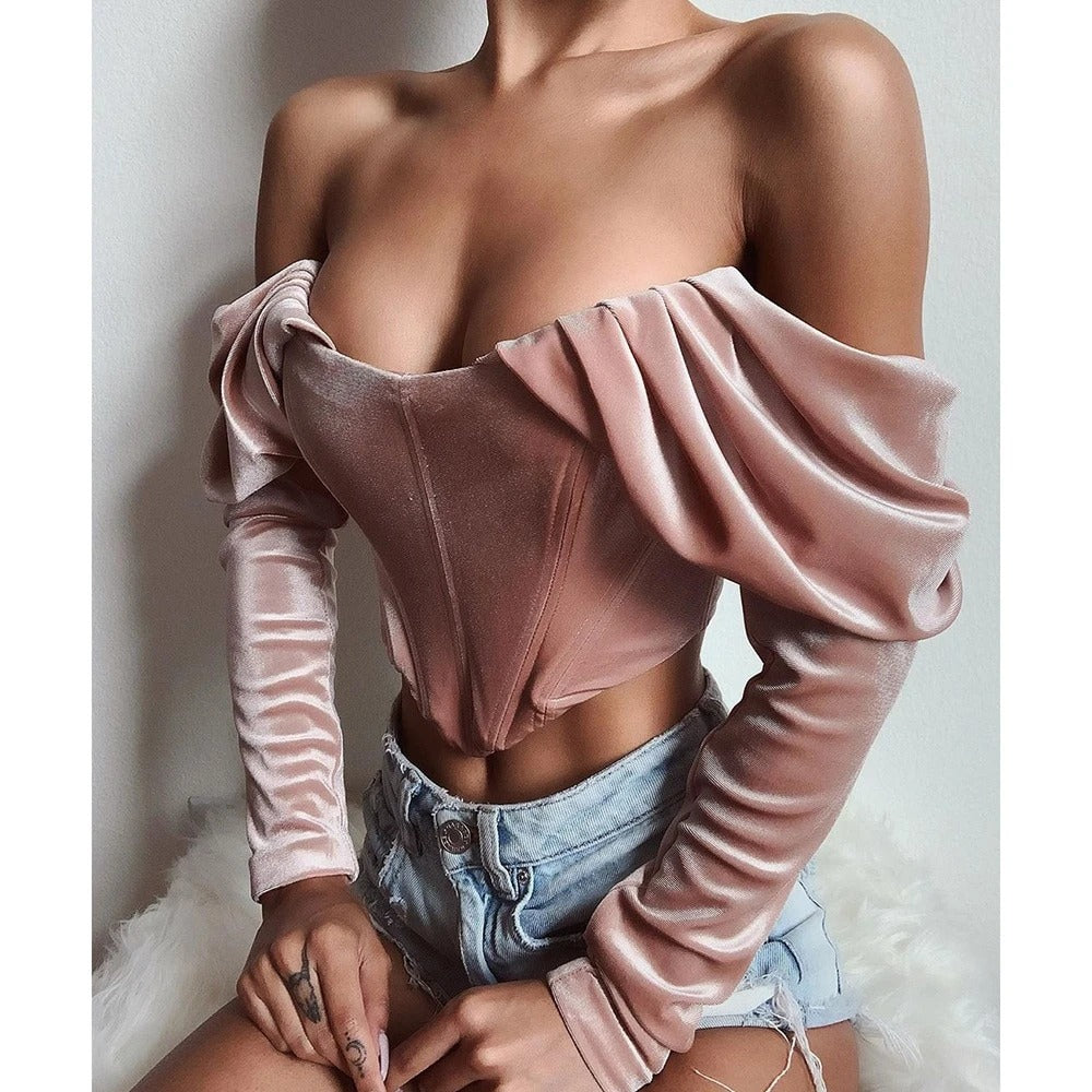 Velvet Off-Shoulder Pleated Long-Sleeved Top